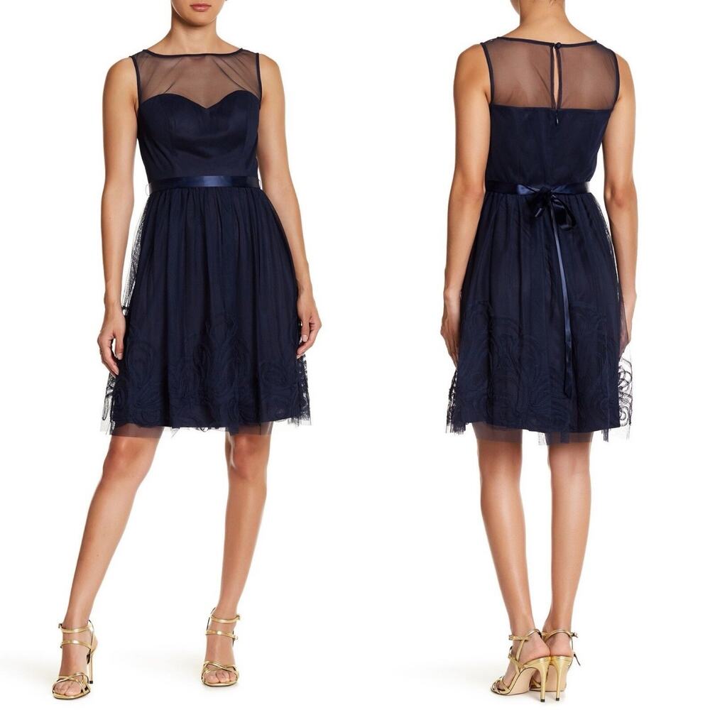 Eliza J Womens Dress Sz M Blue Sleeveless Illusion Neck Satin Belt Knee Length